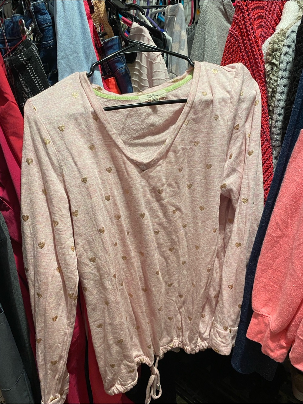 Pink V-Neck Top with Metallic Gold Heart Accents